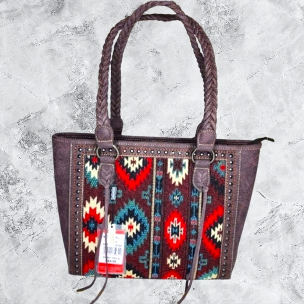 MONTANA WEST BROWN LEATHER AZTEC TAPESTRY CONCEAL CARRY TOTE